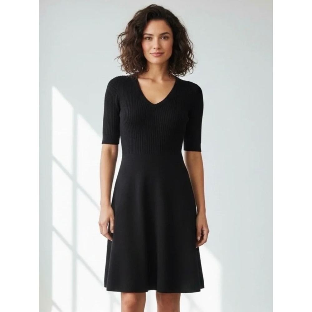 Theory Black Mixed Rib V Fit and Flare 100% Cashmere Dress Sz P H091870R